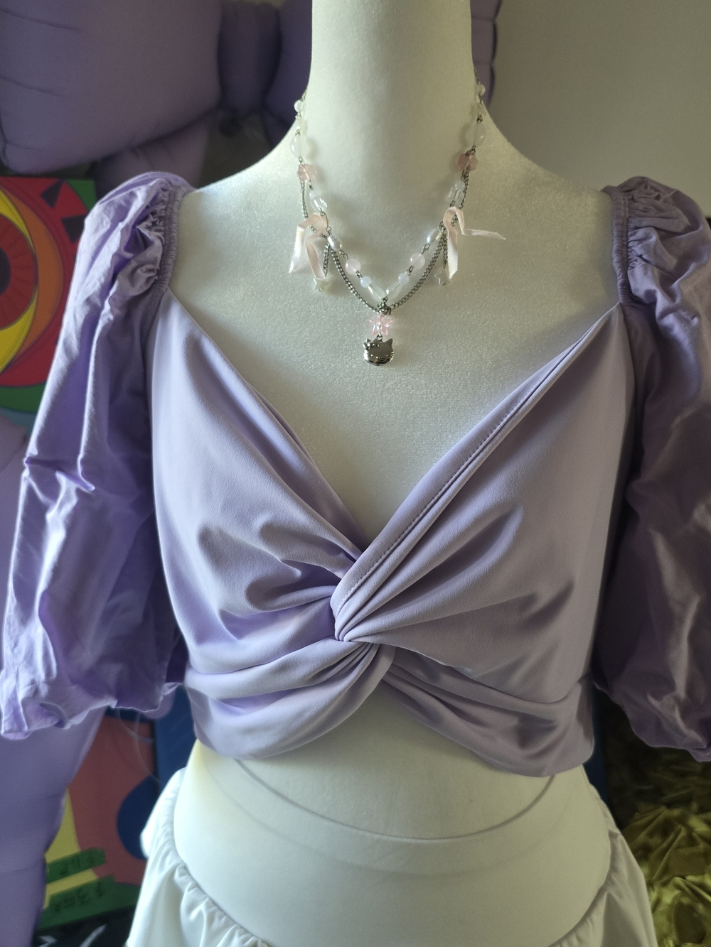 Dynamite Lavender Milkmaid Puff Sleeve Twist Front Crop Top Pastel Coquette L